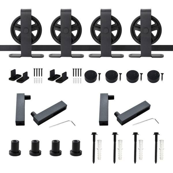 WINSOON 5 ft./60 in. Top Mount Big Wheel Black Barn Style Sliding Door Track and Hardware Set for Double Doors