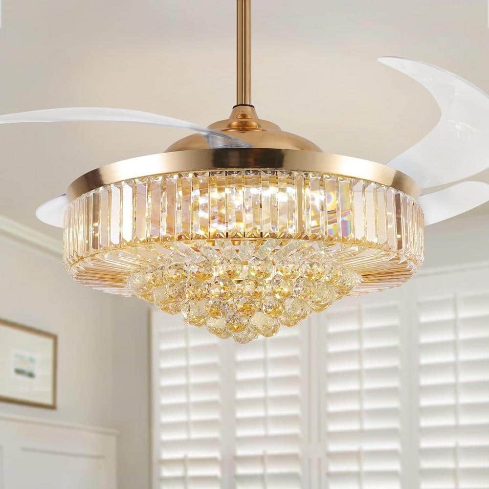 42-Inch Gold Crystal Retractable Ceiling Fan with LED Light and Remote