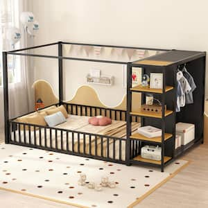 94.9 in. x 57.5 in. x 51.2 in. Black Metal Frame Full Size Platform Bed with Wardrobe and Storage Shelves