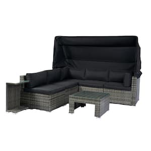 Gray 7-Piece Wicker Patio Outdoor Sectional Sofa Set with Retractable Canopy and Black Cushions