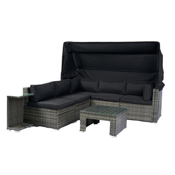 Nestfair Gray 7-Piece Wicker Patio Outdoor Sectional Sofa Set with Retractable Canopy and Black Cushions