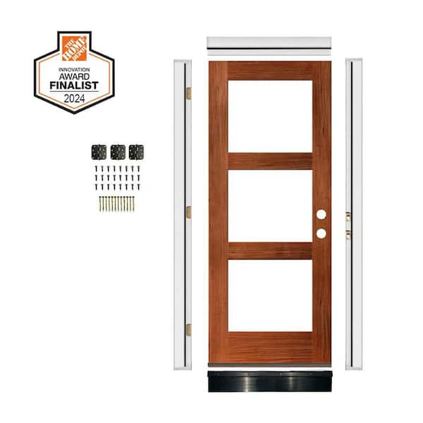 Krosswood Doors DIY 36 in. x 80 in. Hemlock LeftHand 3-Lite Clear Glass Red Chestnut Stain Wood Front Door Kit w/ Quick Assemble Jamb