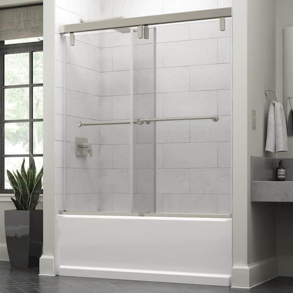 Delta Mod 60 in. x 59-1/4 in. Soft-Close Frameless Sliding Bathtub Door in Nickel with 3/8 in. Tempered Clear Glass