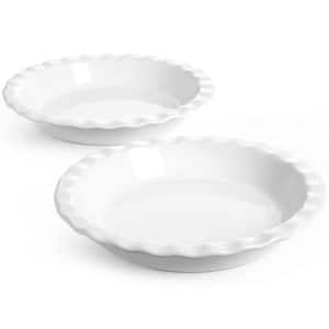 36 oz. 9 in. 2-Piece Ceramic Pie Pans for Baking Fluted Dish Set, White