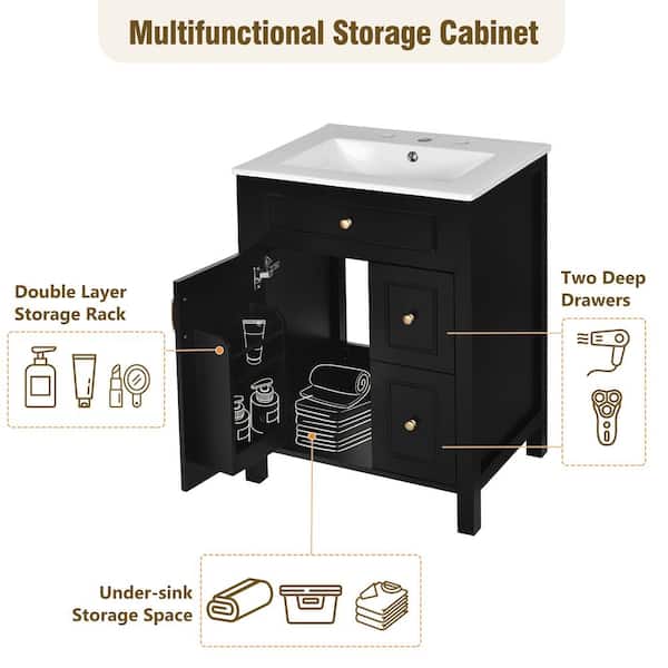 Ziyudura 24 in. Single Sink Freestanding Black Bath Vanity with