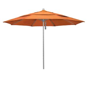 11 ft. Gray Woodgrain Aluminum Commercial Market Patio Umbrella Fiberglass Ribs and Pulley Lift in Melon Sunbrella
