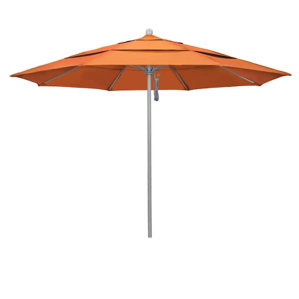 California Umbrella 11 ft. Gray Woodgrain Aluminum Commercial Market Patio Umbrella Fiberglass Ribs and Pulley Lift in Melon Sunbrella