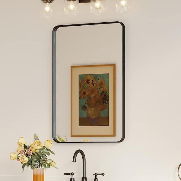 24 in. W x 36 in. H Rectangular Aluminum Framed Wall Bathroom Vanity Mirror in Black