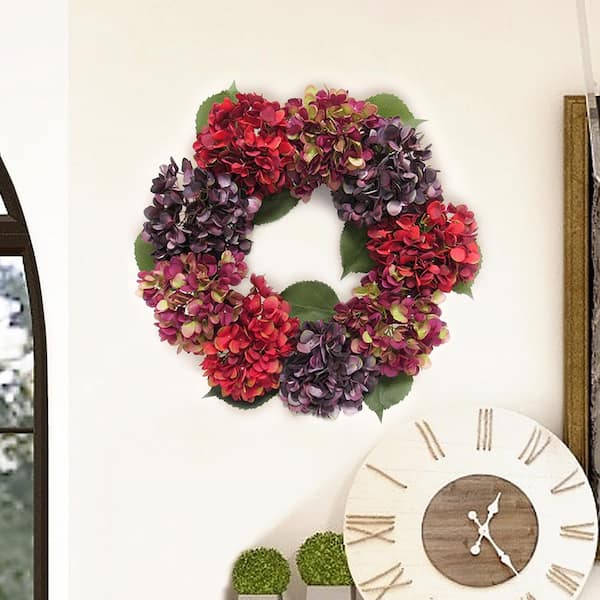 LIVING LUXURY 20 in. Burgundy Purple Artificial Hydrangea Flower Wreath