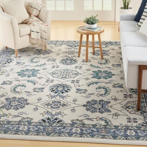 Essentials Ivory Blue 8 ft. x 10 ft. Center medallion Traditional Area Rug