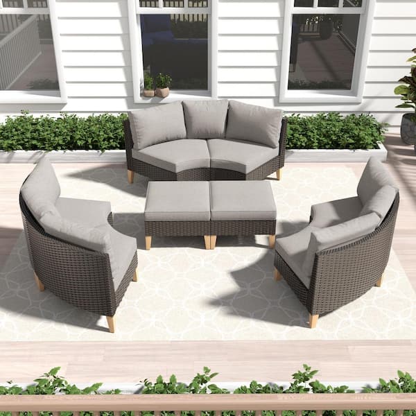 Gymojoy Chic Relax Brown Wicker 6-Seat Outdoor Sectional Sofa Set Patio Conversation Set with Gray Cushions with Ottomans