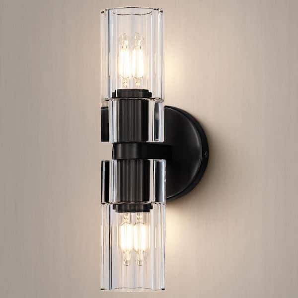 Gleam Flare 13 in. 2 Light Black Wall Sconce with K9 Crystal Lampshade, Luxury Wall Light for Bedroom, Dining Room, Living Room