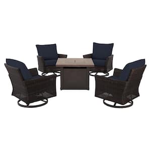 Lakeline 5-Piece Brown Metal Outdoor Patio Fire Pit Swivel Seating Set with CushionGuard Midnight Navy Blue Cushions