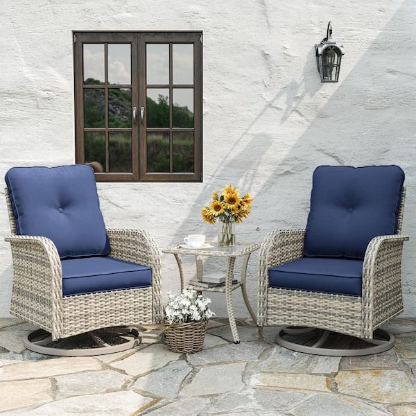 muphyers 3-Piece Wicker Swivel Outdoor Rocking Chair with Cushion Navy Blue (2-Piece Chair and 1-Side Table)