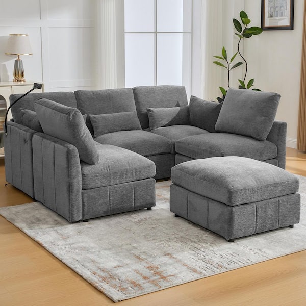 Orva 85.40 in Chenille Upholstered Modular Sectional Sofa in Grey, Movable Ottoman, USB Ports, Phone Holder