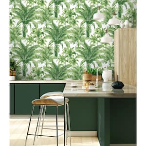 Palm Grove Green and White Vinyl Peel and Stick Wallpaper Roll (Cover 30.75 sq. ft.)