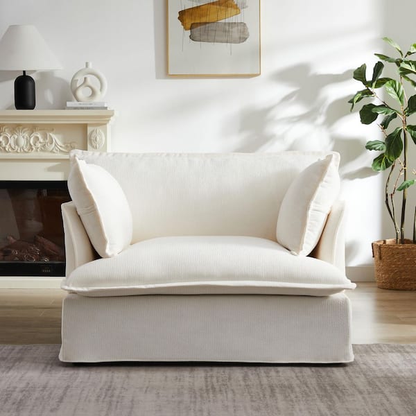 White Chenille Arm Chair with Dual-Port Charging and Throw Pillows
