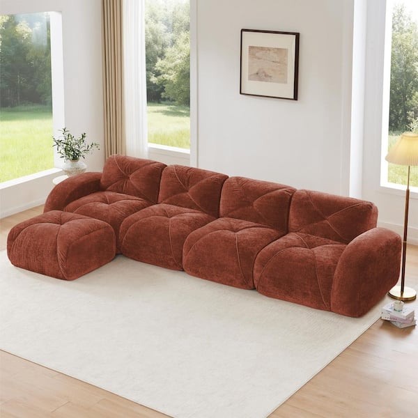 140.9 in. L-Shaped Velvet Modular Sectional Sofa in Red Brown Boneless Sofa Set with Ottoman, No Assembly Required