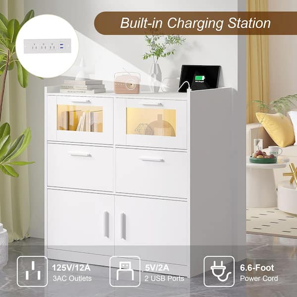 White Dresser for Bedroom with LED Lights and Charging Station, 31.5 in. Dresser with Storage Cabinet
