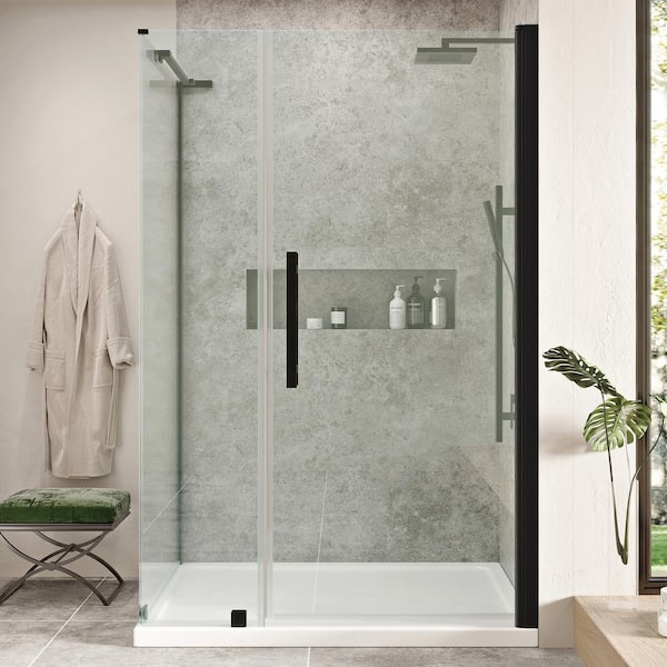 OVE Decors Pasadena 48 in. L x 36 in. W x 75 in. H Corner Shower Kit with Pivot Frameless Shower Door in Black with Shower Pan