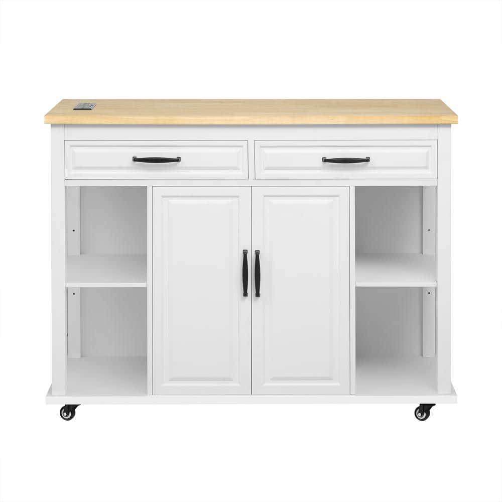 47in. White Rubber Wood Veneer Kitchen Cart with Extendable Table, Power Ou