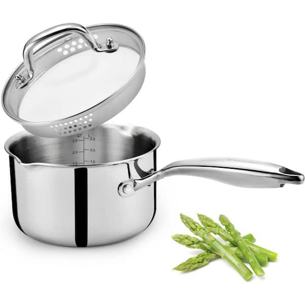 2.5 Quart Stainless Steel Saucepan with Strainer Glass Lid Matte Mirror Finish Induction Cooktop Compatible Set