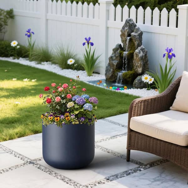 17.5in.W x 16in.H Concrete Extra Large Tall Round Navy Blue Flower Planter Plant Pot with Drainage Hole