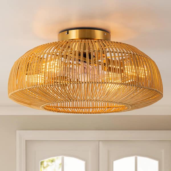 Rennnsan 19.68 in. 4-Light Brown Bohemian Rattan Indoor Semi-Flush Mount Ceiling Fan