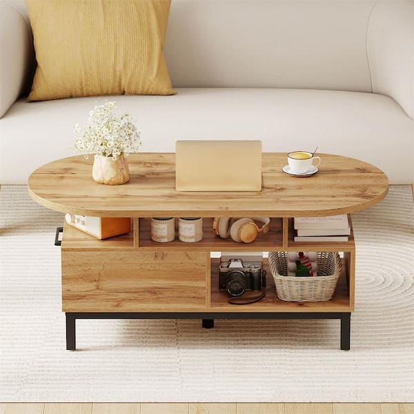 47 in. Natural Oval Particle Board Top Coffee Table with 4 Open Compartments and Drawer, 5 support legs