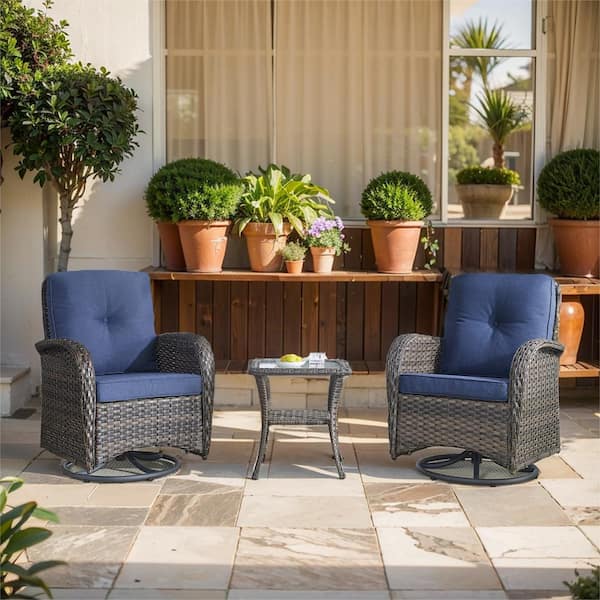 Opohoro PlainCurve 3-Piece Brown Wicker Swivel Outdoor Rocking Chairs Patio Conversation Set with Olefin Blue Cushions