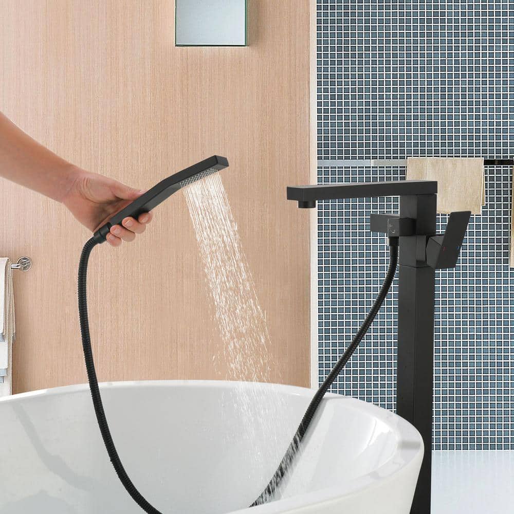 Matte Black Freestanding Floor Mount Tub Faucet with Hand Shower