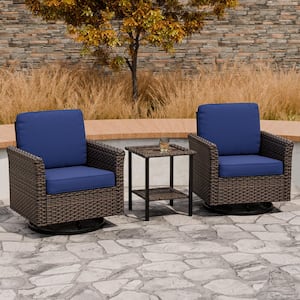 3-Piece Mix Brown Wicker Patio Conversation Set Wide Armrest Swivel Chair Set with Blue Cushions, 2-Tier Side Table