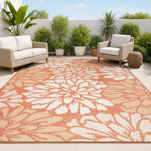 Orange/Cream 4 ft. x 6 ft. Zinnia Modern Floral Textured Weave Indoor/Outdoor Area Rug