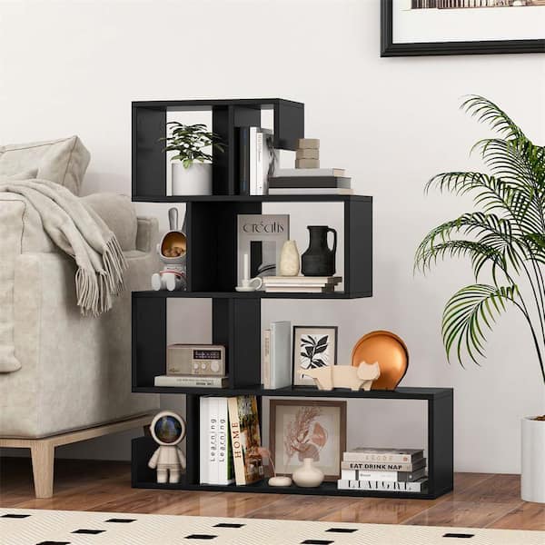 39.5 in. Tall Black Wood 5-Shelf S-Shaped Bookcase with Open Cubes Anti-Toppling Kits Freestanding Bookcase