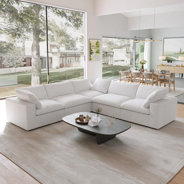 118 in. Square Arm 5-Piece Linen Oversized Down Modular Free Combination Sectional Sofa with Removable Covers in White