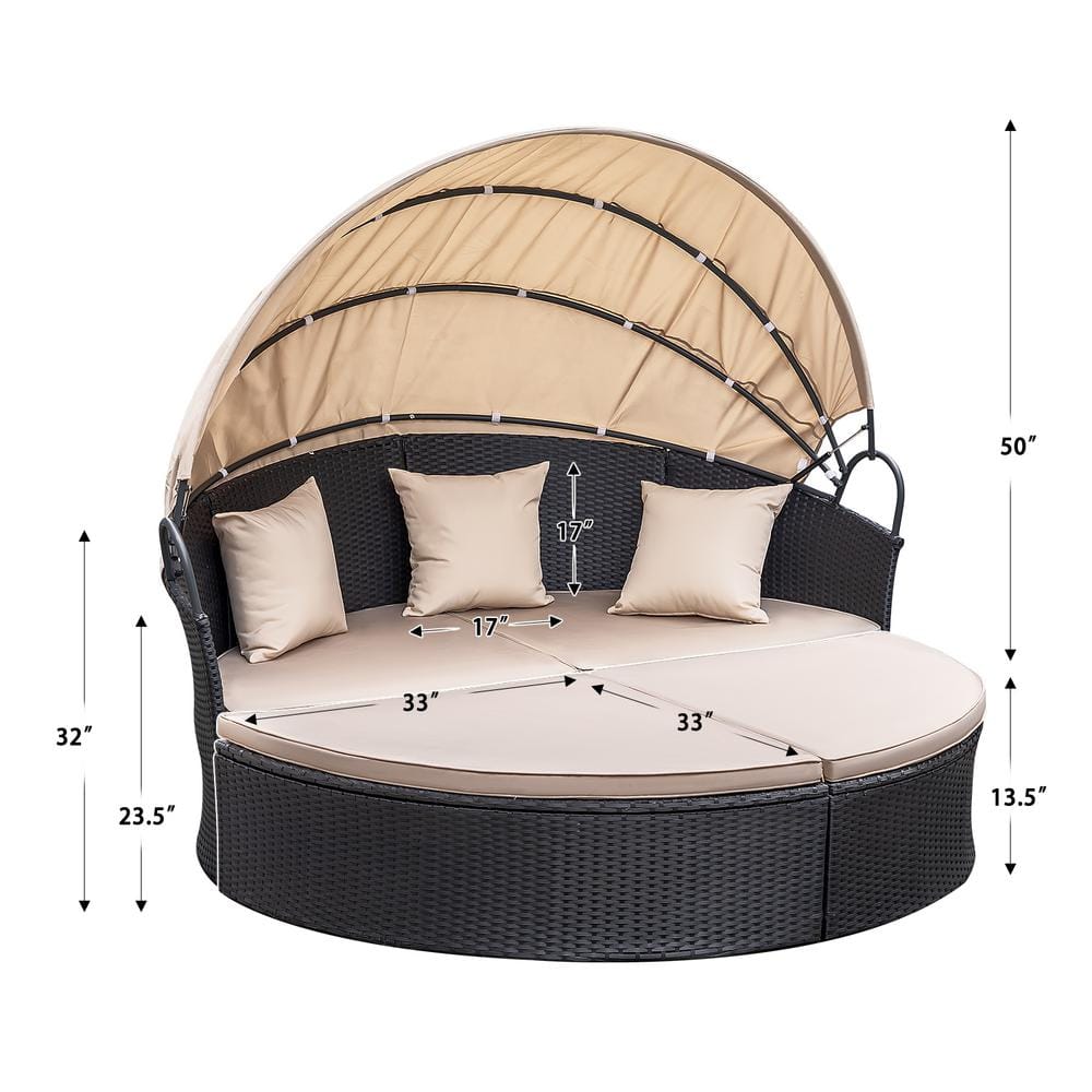 Beige Cushioned Black Steel Outdoor Round Daybed with Retractable Canopy