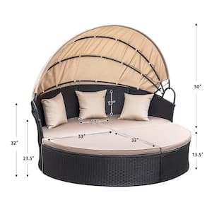 Chillrest Black Rattan Wicker Outdoor Patio Round Daybed with Retractable Canopy and Beige Cushions