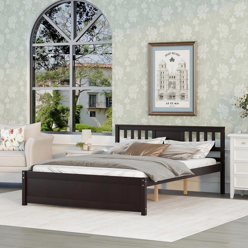 Brown Wood Frame Queen Modern Design Platform Bed Frame with Headboard