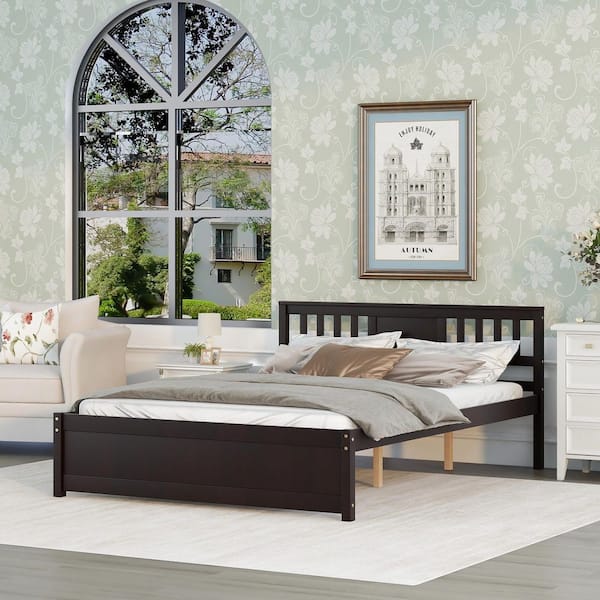 GODEER Brown Wood Frame Queen Modern Design Platform Bed Frame with Headboard