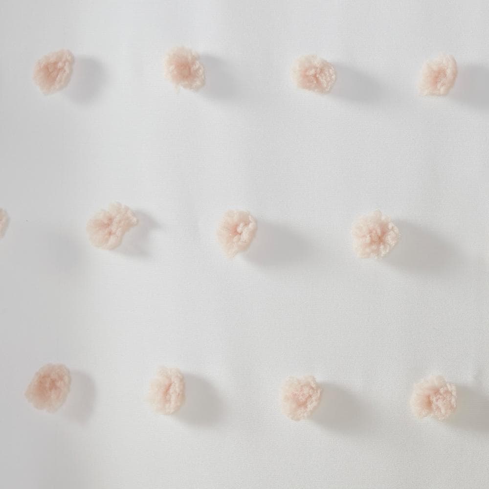 White Polyester Shower Curtain with Blush Pom Poms