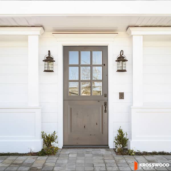 36 in. x 80 in. Farmhouse Knotty Alder Left-Hand/Inswing 9 Lite Clear Glass Grey Stain Dutch Wood Prehung Front Door