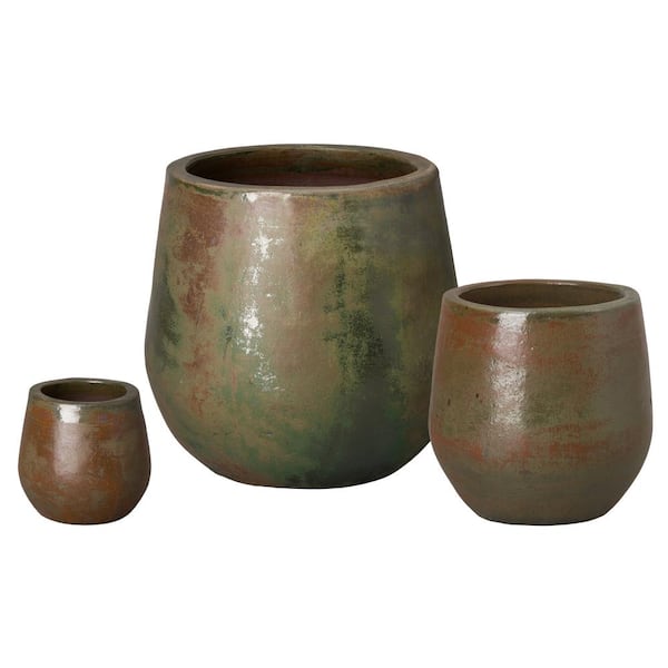 Emissary 9in., 15in., 21in. H Green Wash Ceramic Round Planters with Drainage holes (Set of 3)