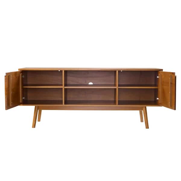Welwick Designs 58 in. Caramel Solid Wood TV Stand Fits TVs Up to 65 in. with Cutout Cabinet Handles
