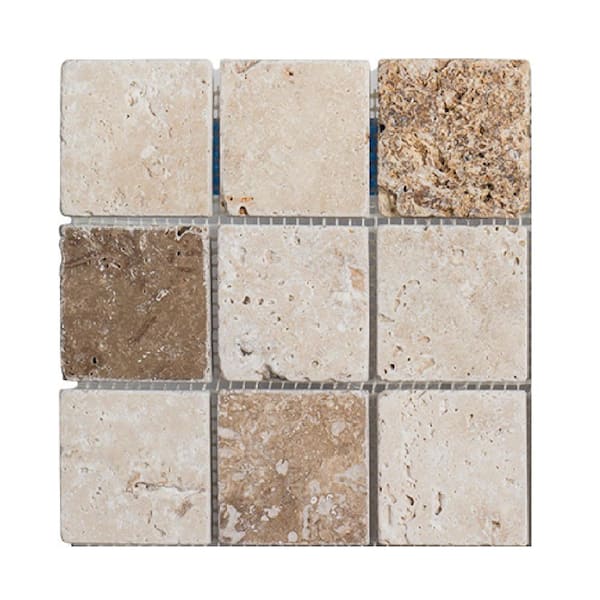 Take Home Tile Sample - Travertine Medley 4.5 in. x 4.5 in. Cream/Taupe Honed Travertine Mosaic