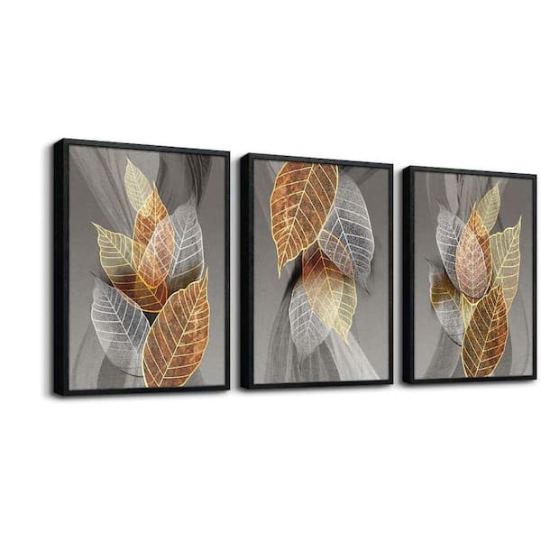 Unbranded 3-Piece 12 x 16 in. Black Framed Abstract Leaves Canvas Wall Art for Home Decor