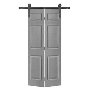 30 in. x 80 in. 6 Panel Light Gray Painted MDF Composite Bi-Fold Barn Door with Sliding Hardware Kit