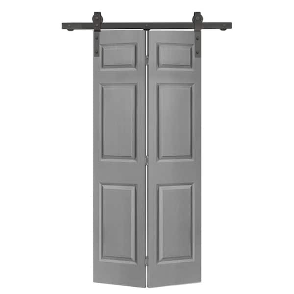 CALHOME 36 in. x 80 in. 6 Panel Light Gray Painted MDF Composite Bi-Fold Barn Door with Sliding Hardware Kit