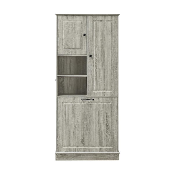 30 in. W x 14.2 in. D x 67.7 in. H Oak Tall Storage Cabinet with Adjustable Shelves and Large Flip-Out Basket