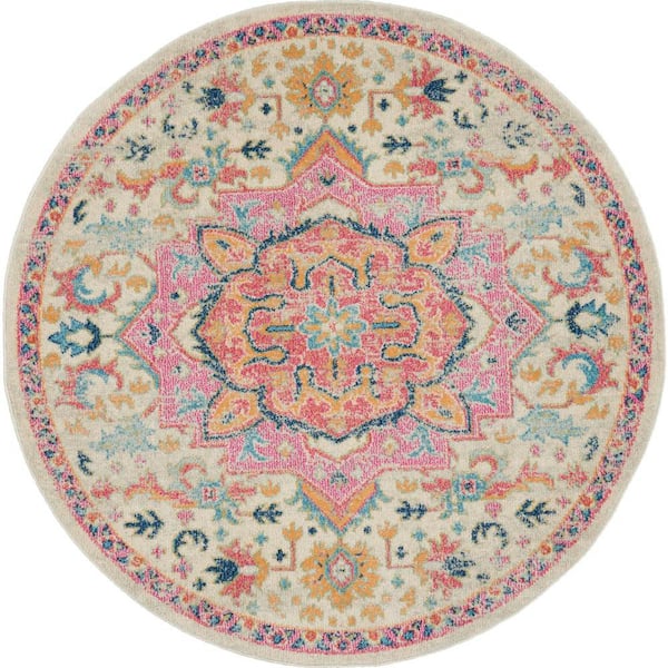 Nourison Passion Ivory/Pink 5 ft. x 5 ft. Persian Modern Transitional Round Area Rug