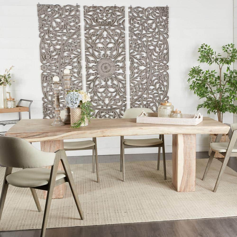Light Brown Reclaimed Wood Live Edge Dining Table with Block Base